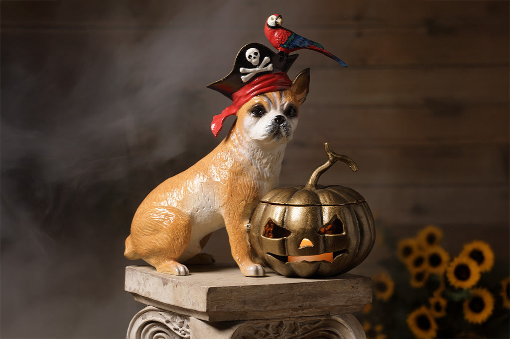 Cast metal Pirate dog sculpture featuring red parrot perched on pirate hat with bronze jack o lantern