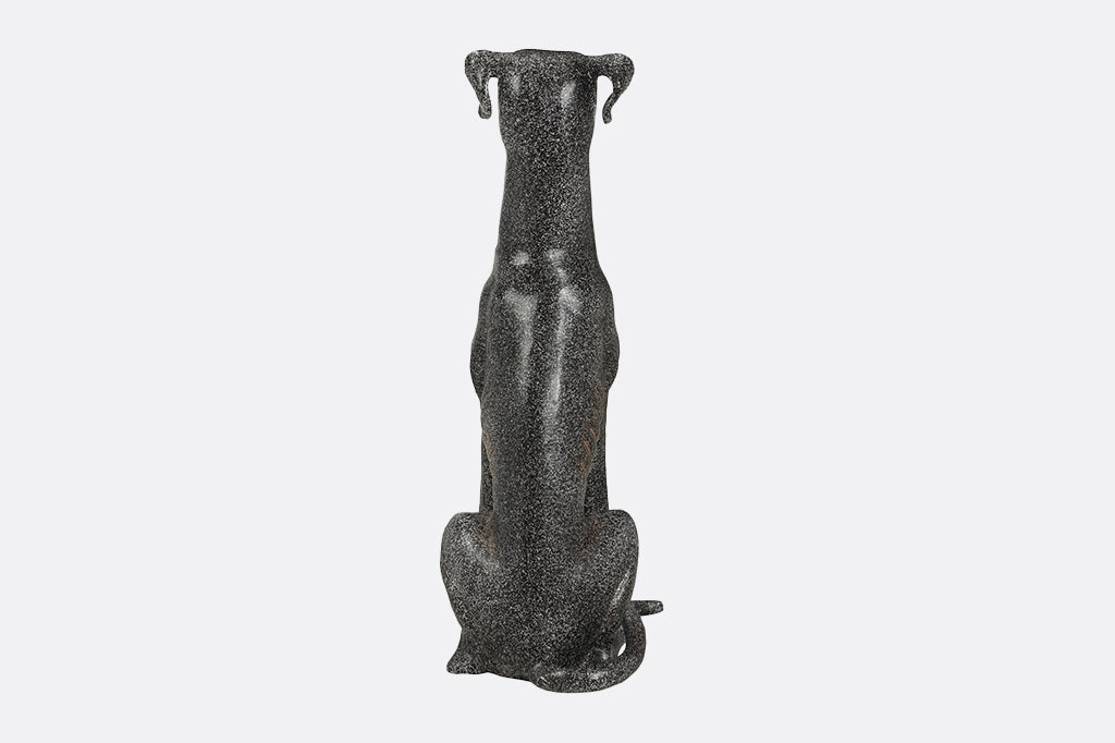back view of greyhound cast aluminum dog finished to look like grey speckle marble