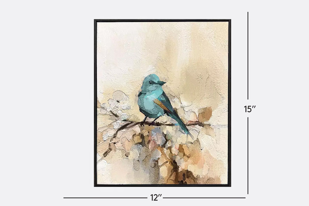 Two framed artworks of blue birds on a branch.