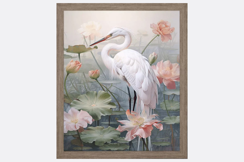 A Crane standing in a pond filled with flowers and lillypads.