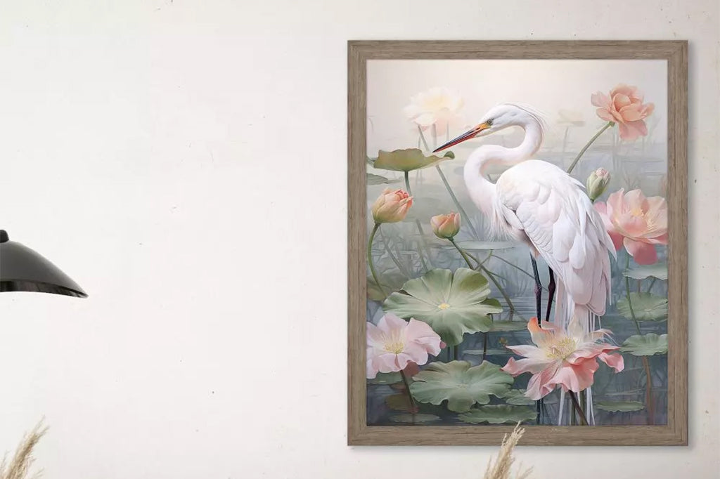 A Crane standing in a pond filled with flowers and lillypads.