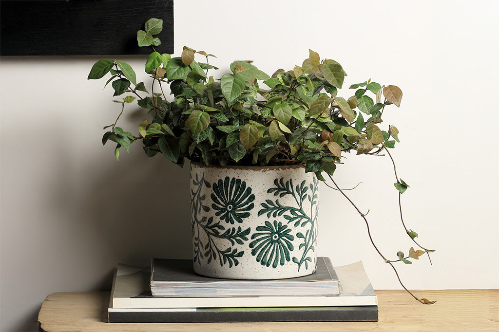 closeup detail view of white flowerpot with speckles and green botanical accent pattern