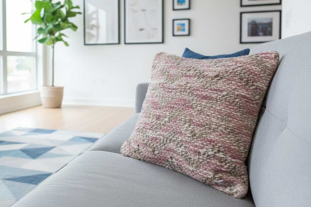 Barley and Blush Pillow shown on grey couch in modern loft living room