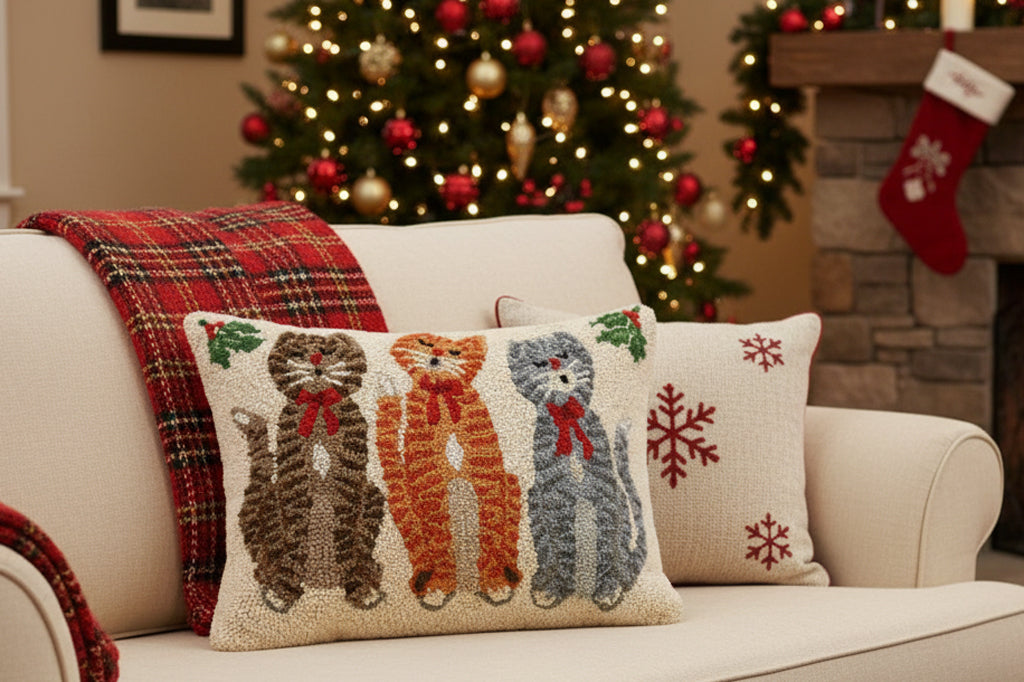 Decorative pillows with cat designs on a couch in front of a Christmas tree.