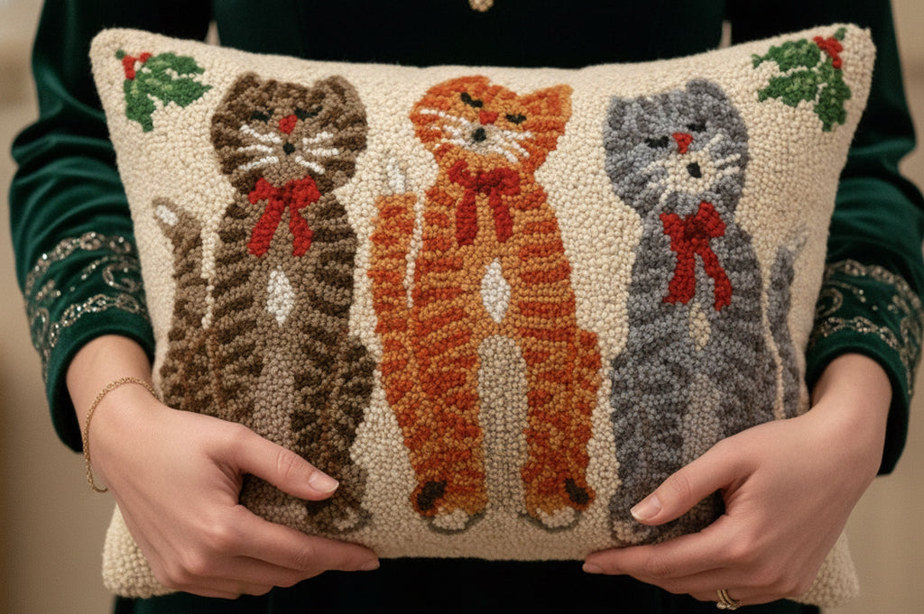 Decorative pillow with three cats wearing a red bow and singing in choir, held by a person.