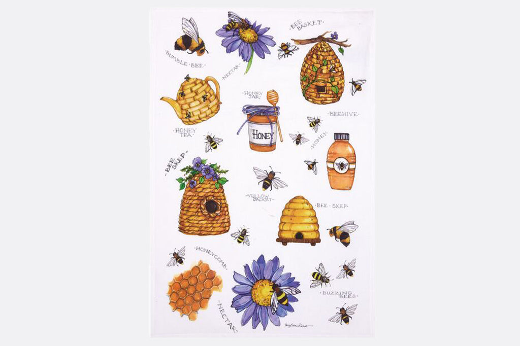 Coordinating bees and flower tea towels with honey and buzzing bees 