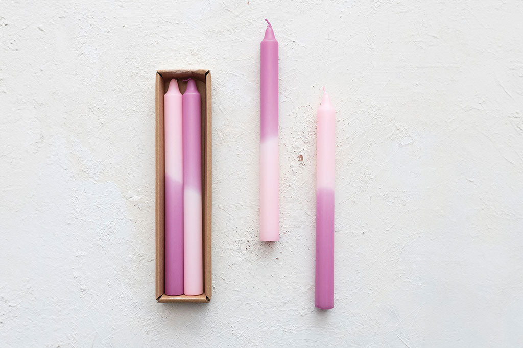 two toned candles of pink and purple, taper sized, box of 4