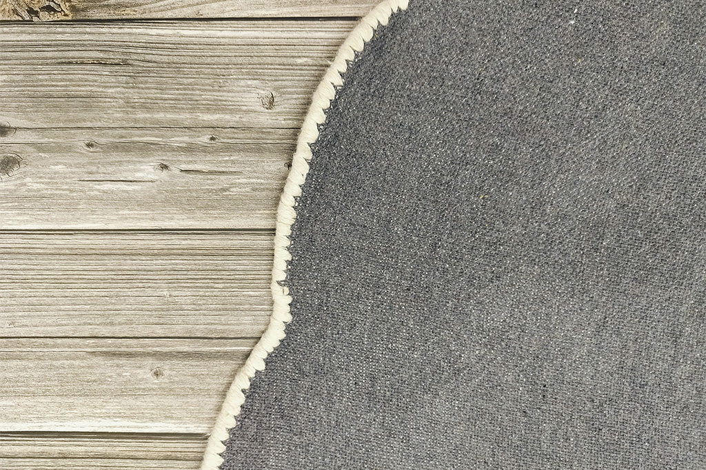 back side of circular rug with heather gray backing