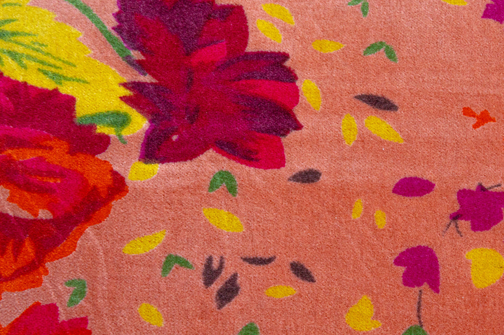 detailed view of velvet floral pattern, bright magenta florals with yellow accents