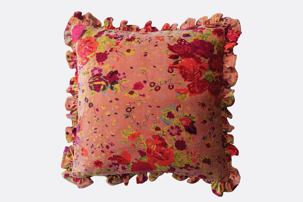 pink velvet floral and ruffled square pillow
