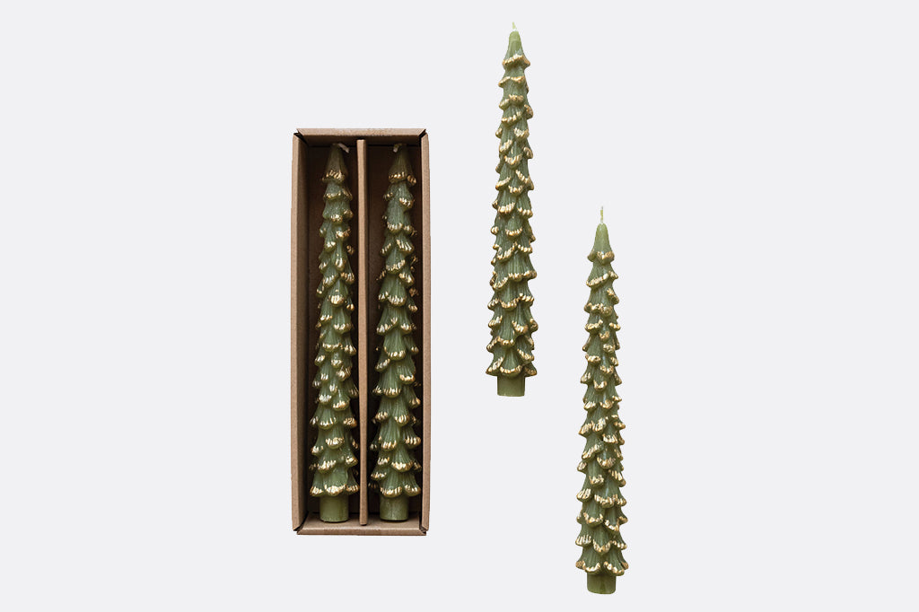 tree shaped taper candles in green color with gold trimming on edges