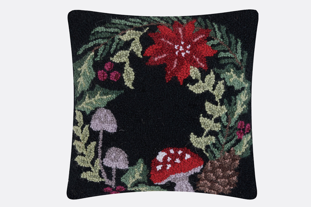 wreath, mushroom and poinsettia hooked pillow