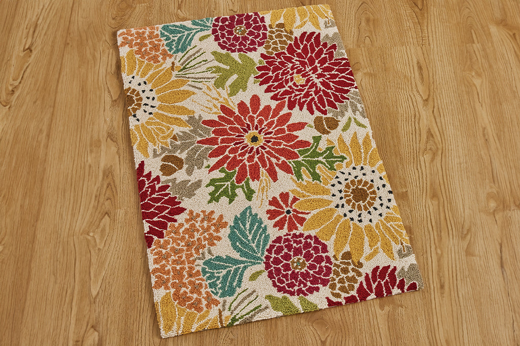 hooked rug with dahlia print, wool, on wood floor