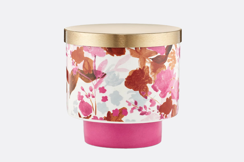 Pink and white floral candle with gold lid single wick