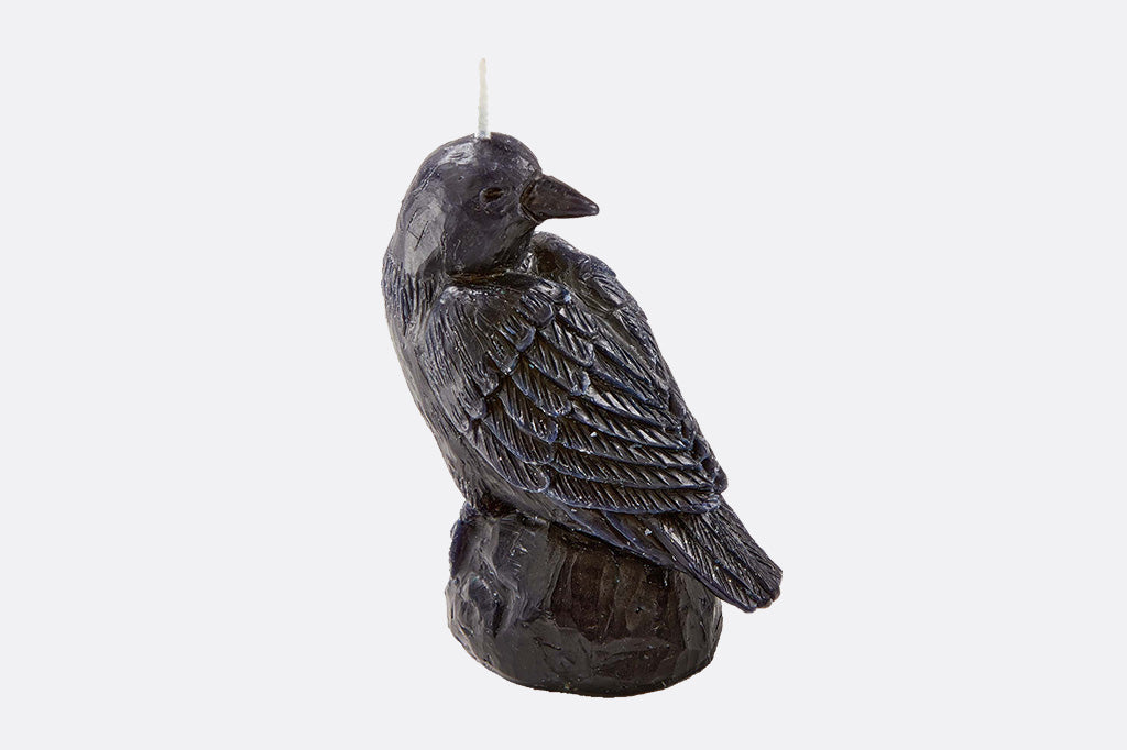 Decorative candle shaped like a crow on a white background