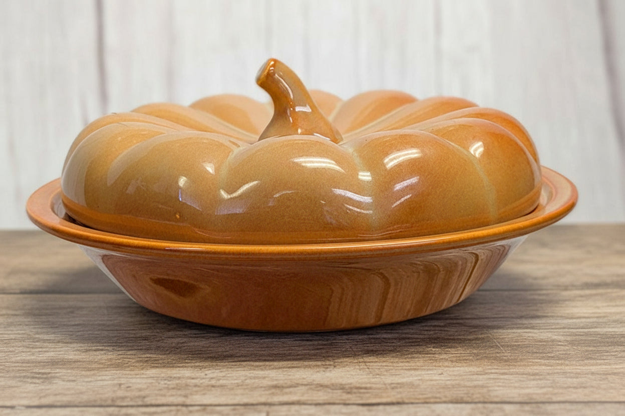 Ceramic pumpkin-shaped dish with lid on a wooden surface