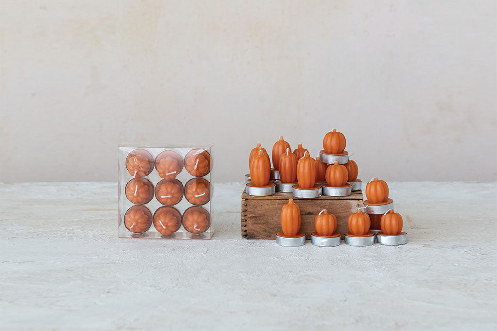 set of 18 mini pumpkin tealight candles, two sizes