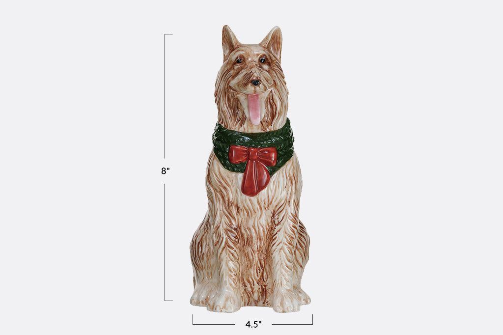 Dog bud vase with a green collar and red bow, dimensions shown on a white background. 8" high and 4.5" wide