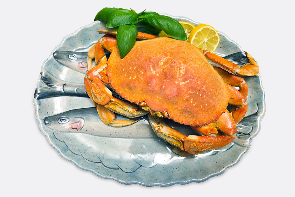 A light blue oval dish with three sardine fish illustrations.