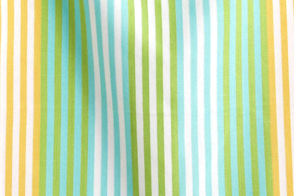 Striped tea towel with green, blue, and yellow vertical stripes on a white background