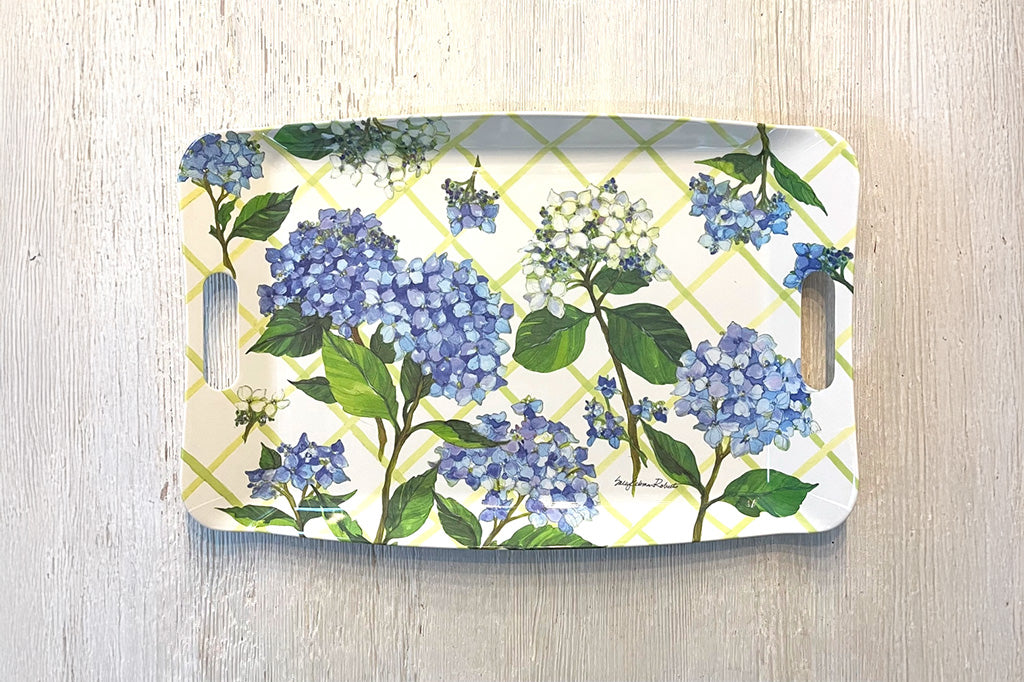wood serving tray with printed design of green lattice and hydrangea blossoms