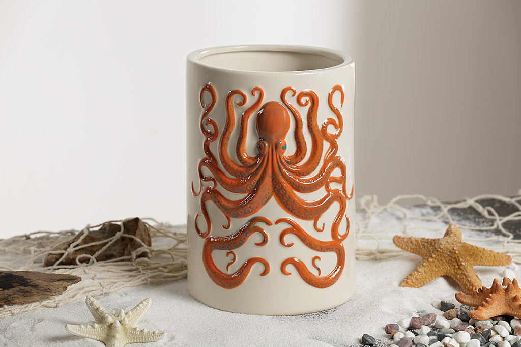 Ceramic vase with an orange octopus design
