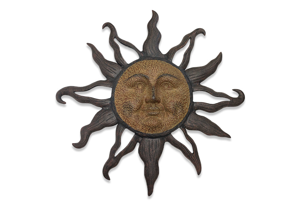 cast metal sun wall plaque with face