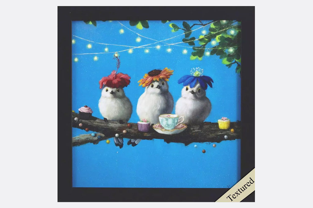 framed art print of 3 birds on a branch having tea party