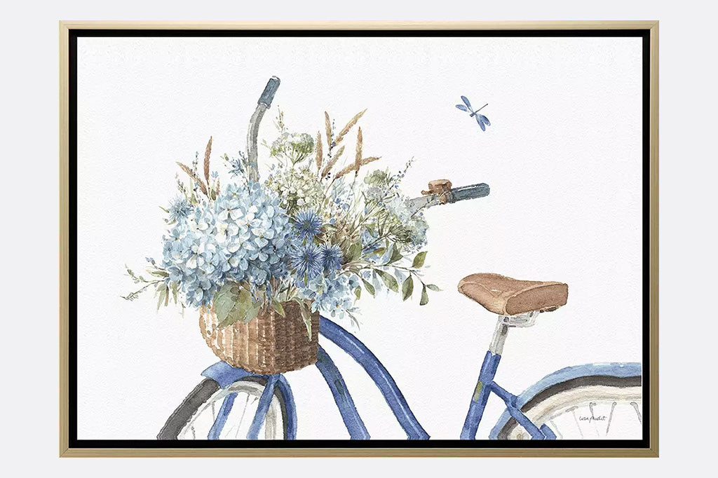bike basket filled with floral and dragonfly - framed art with horizontal frame