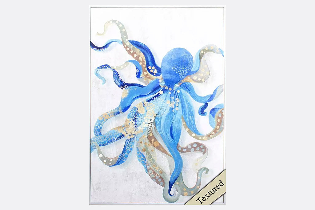 framed artwork of blue water color octopus