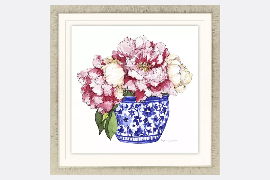 framed art of blue chinoiserie pot with pink peonies