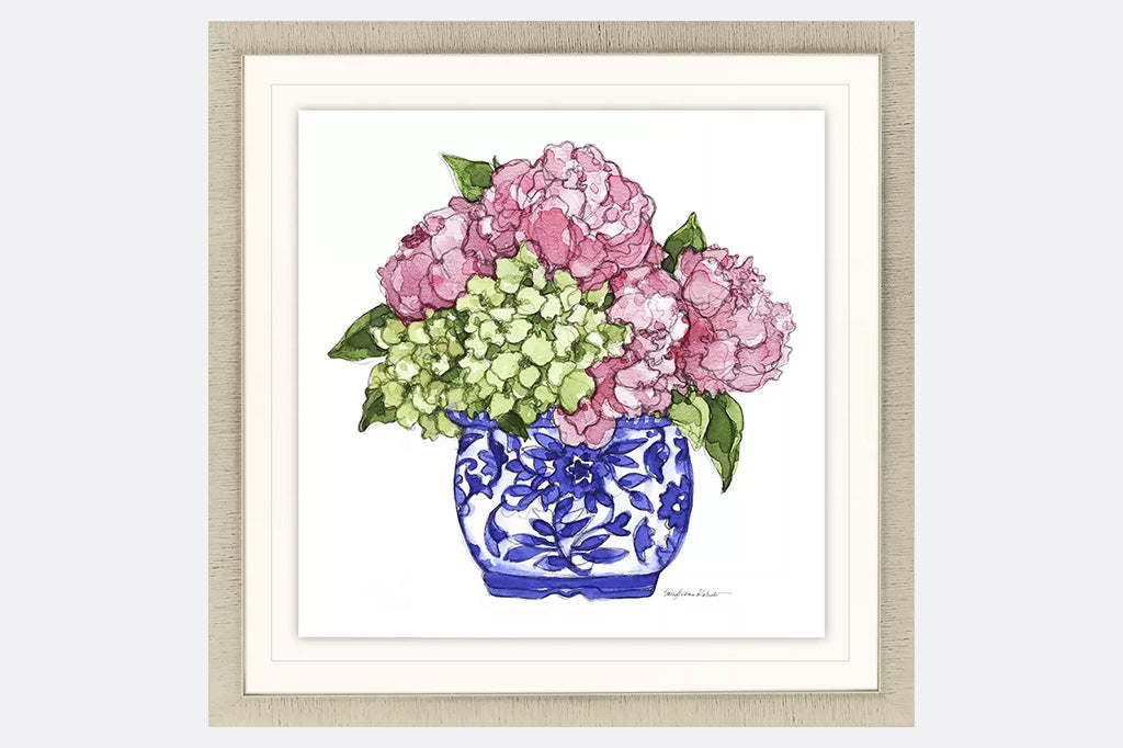 framed art print of hydrangea blossoms in a blue and white pottery vase, watercolor style print