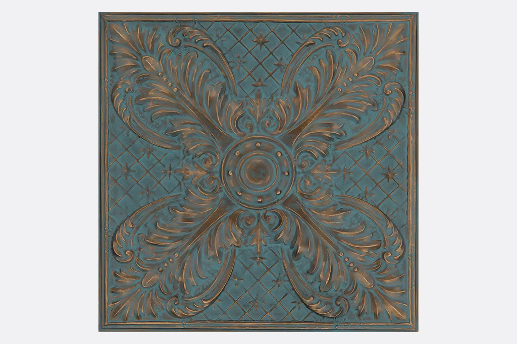 Cast metal wall tile with bronze and blue highlights