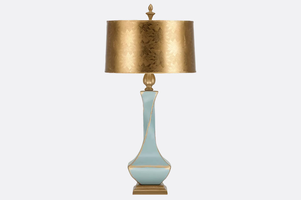 Hand Finish Gold Leaf Shade with Gold Metallic Lining. A contemporary style, UI Listed lamp with floral monochrome pattern on shade.