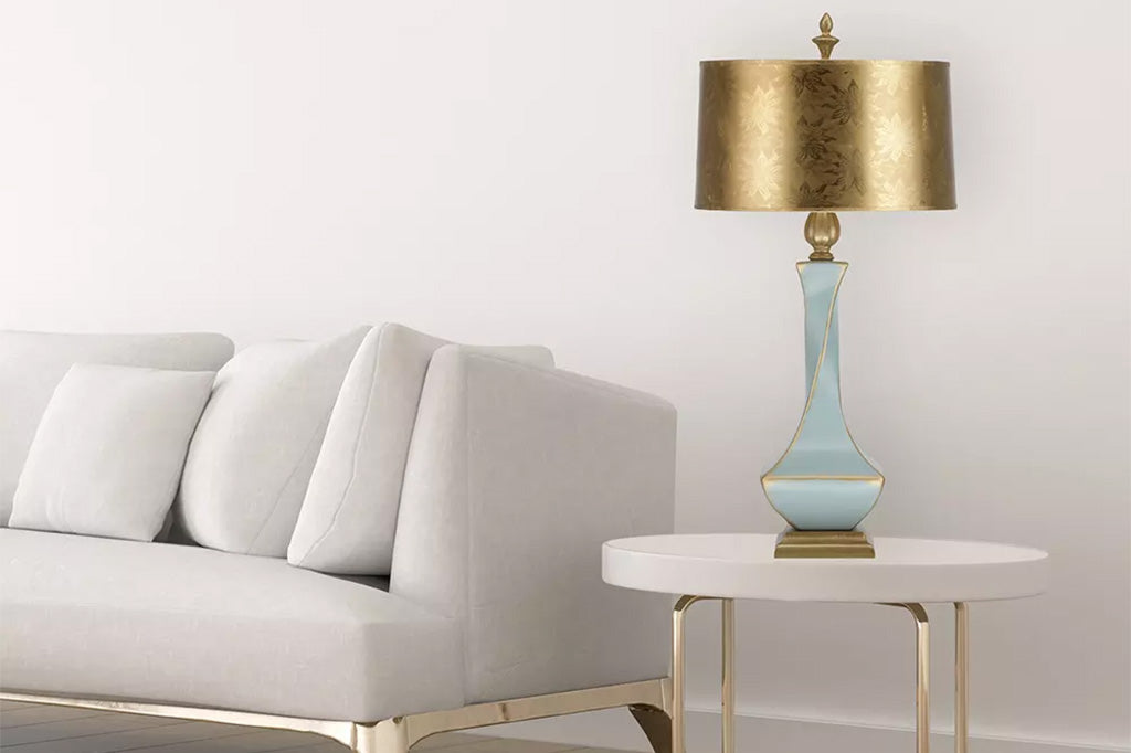 Hand Finish Gold Leaf Shade with Gold Metallic Lining. A contemporary style, UI Listed lamp with floral monochrome pattern on shade.