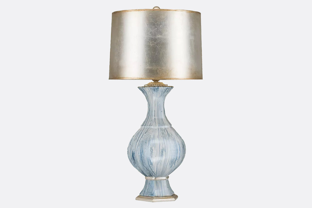 white and blue lamp with metallic shade