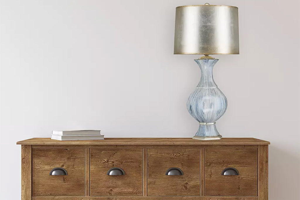 white and blue, with metallic shade on cabinet