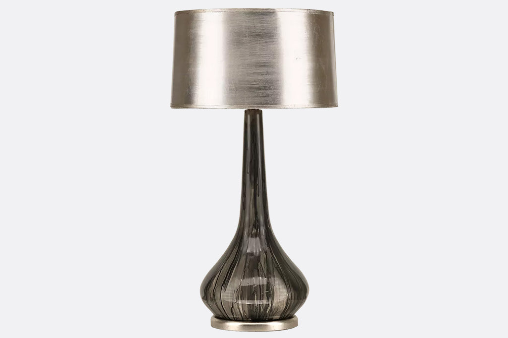 silver barrel lampshade, metallic leafing, charcoal grey pottery base