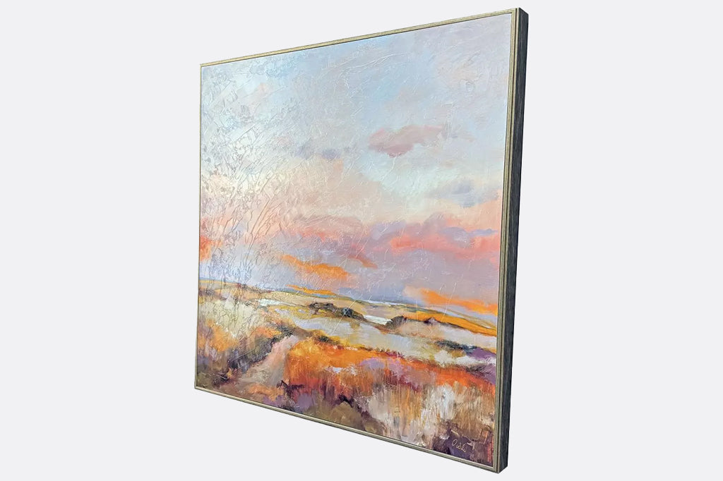 angled view of framed art, see the texture of the painting