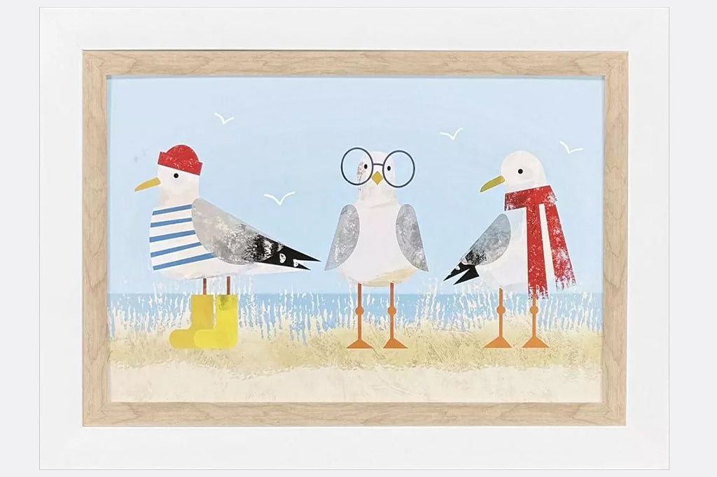close up of three dressed up seagulls framed art