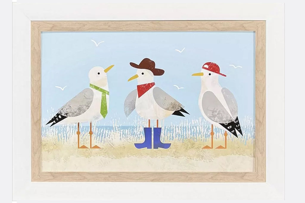 close up of three dressed up seagulls framed art