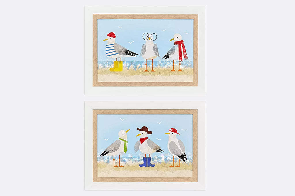 Set of two framed prints of quirky dressed up seagulls on beach, seagulls dressed in cowboy hat and boots