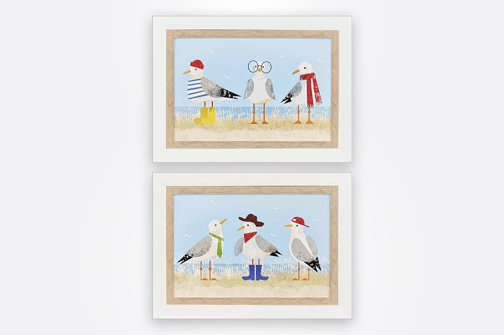 Set of two framed prints of quirky dressed up seagulls on beach, seagulls dressed in cowboy hat and boots