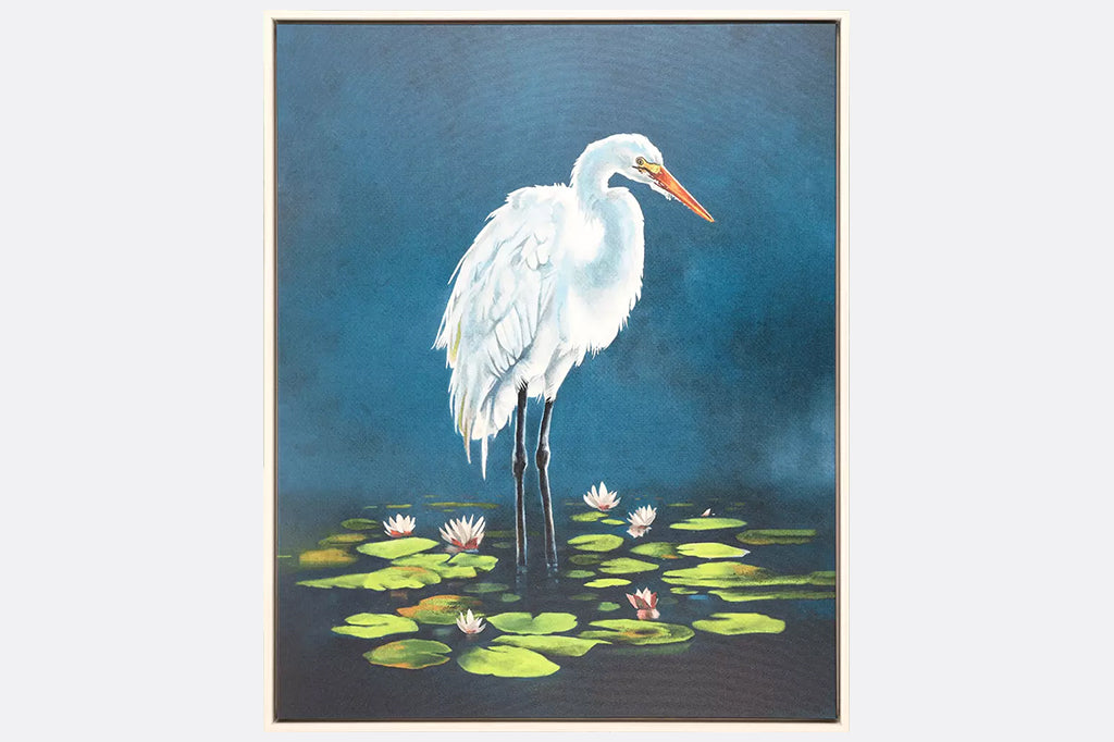 framed egret wall art, white heron standing in lily pond with light wood frame