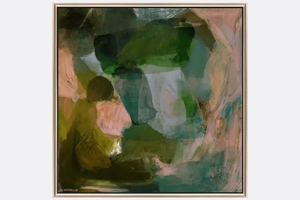 abstract canvas in shades of green and pink in framed artwork