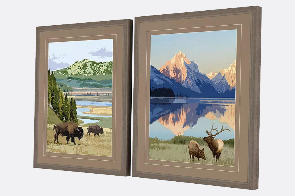 side angle of America's national parks featuring moose and buffalo