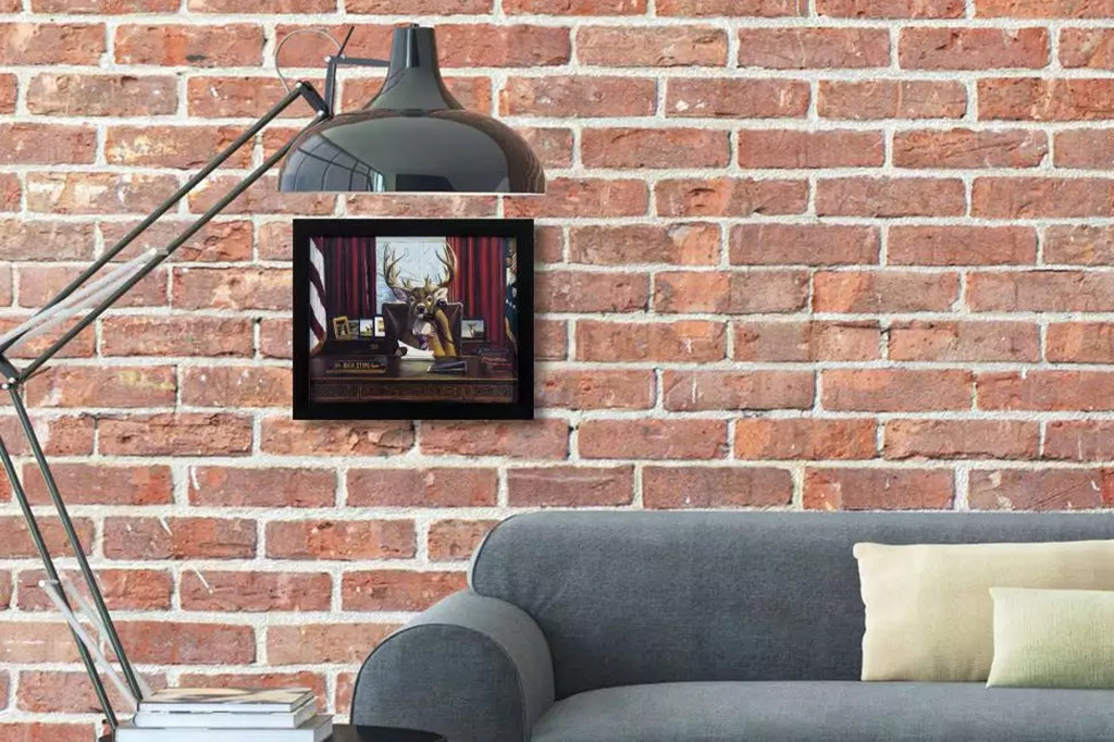 Buck in tie answering the phone, presidential desk framed art. Mounted on wall