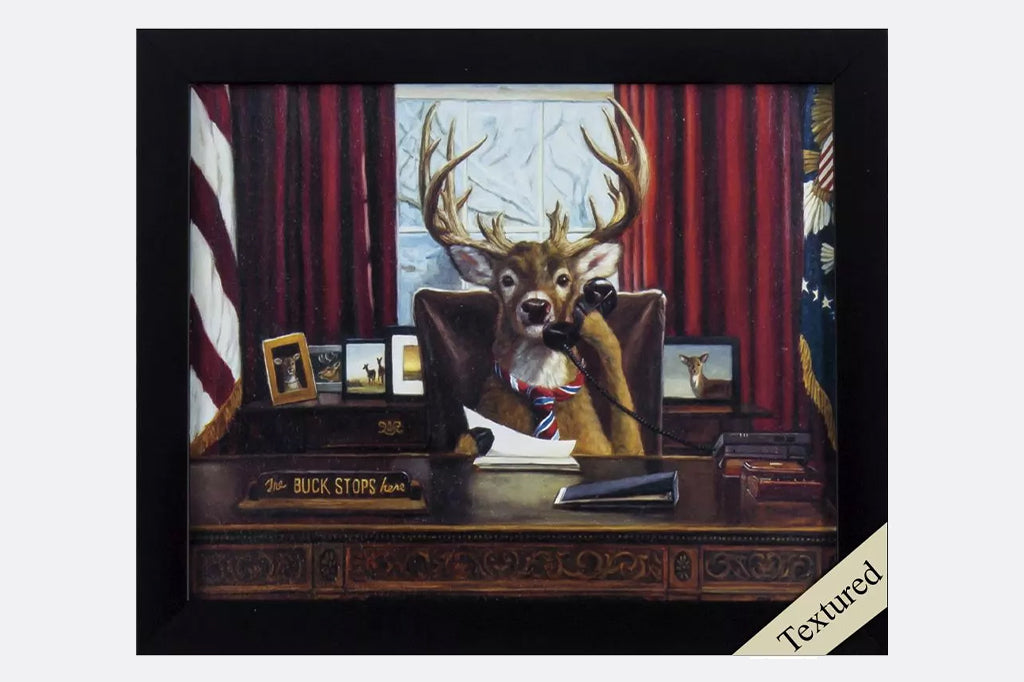 Buck in tie answering the phone, presidential desk framed art