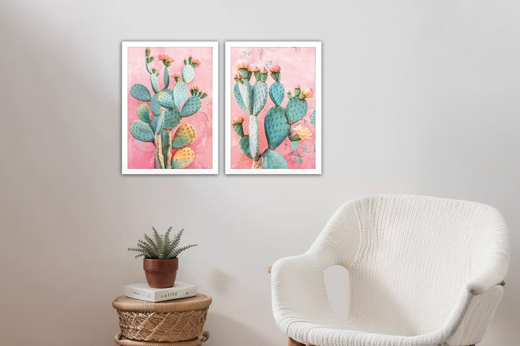 A set of two flowering cactus botanical prints are framed to the image in a modern flat profile moulding in a white matte finish.