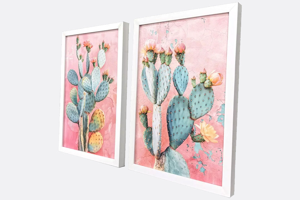 angled view to show depth of frames A set of two flowering cactus botanical prints are framed to the image in a modern flat profile moulding in a white matte finish.